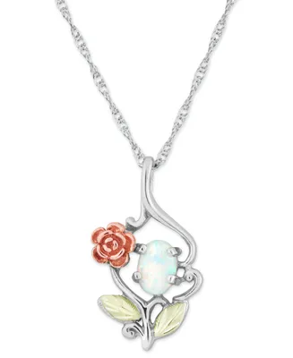 White Opal (7x5mm) Rose Pendant 18" Necklace in Sterling Silver with 12k Rose and Green Gold