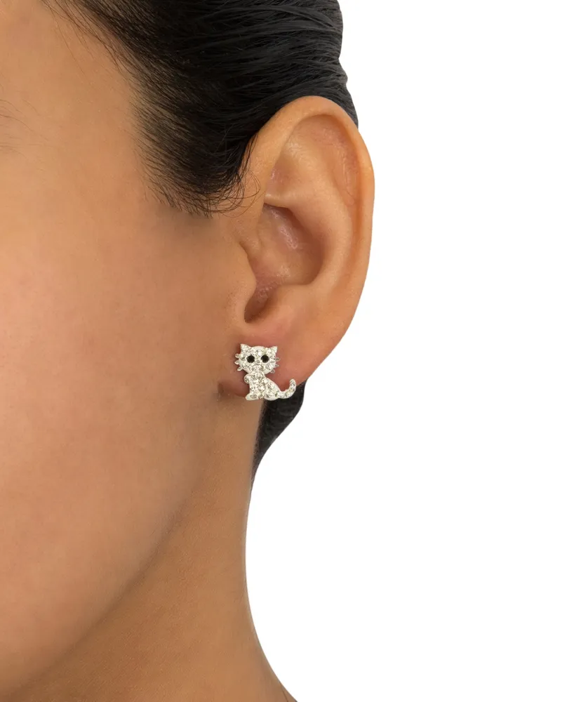 Clear Pave Crystal Cat Stud Earrings set in Sterling Silver