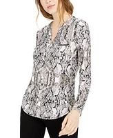 I.n.c. International Concepts Petite Printed Zip-Pocket Long-Sleeve Top