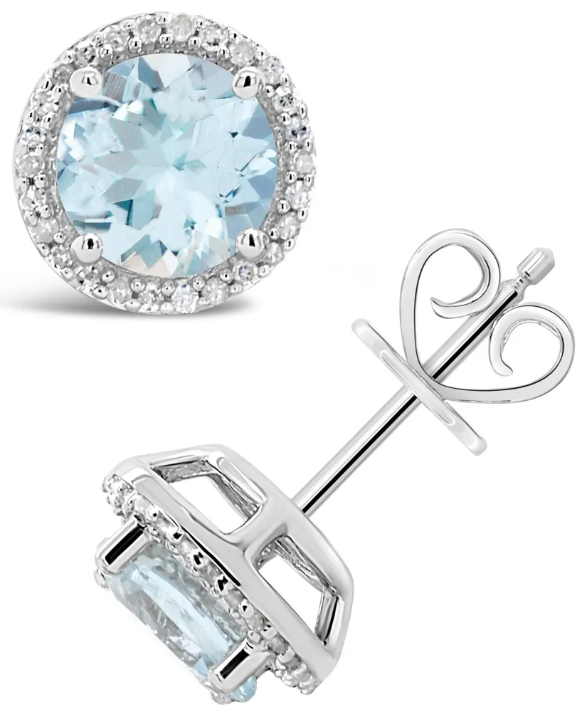 Aquamarine (2-1/2 ct. t.w.) and Diamond (1/6 ct. t.w.) Stud Earrings in Sterling Silver