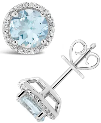 Aquamarine (2-1/2 ct. t.w.) and Diamond (1/6 ct. t.w.) Stud Earrings in Sterling Silver