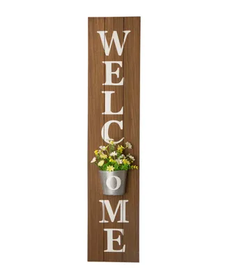 Glitzhome 42"H Wooden White Welcome Porch Sign with Metal Planter