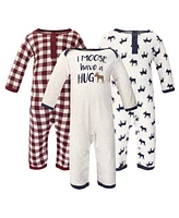 Little Treasure Baby Boys Cotton Coveralls 3pk, Moose Hug, 9-12 Months