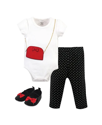 Little Treasure Baby Girls Treasure Cotton Bodysuit, Pant and Shoe 3pc Set, Red Purse, 6-9 Months