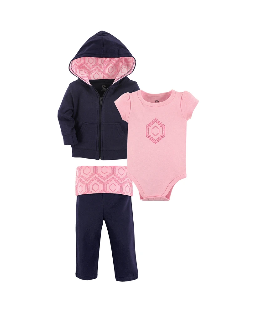 Yoga Sprout Baby Girls Cotton Hoodie, Bodysuit or Tee Top, and Pant, Moroccan Baby, 0-3 Months