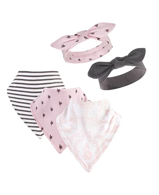 Yoga Sprout Baby Girl Cotton Bandana Bibs and Headbands 5pk, Lace Garden, One Size