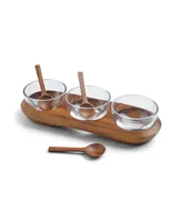 Nambe Cooper Wood Triple Condiment Server with Spoons