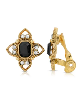 2028 Gold Tone Black Rectangle Crystal Floral Clip Earring