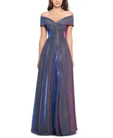 Xscape Women's Off-The-Shoulder Shimmer Wrap Style Gown