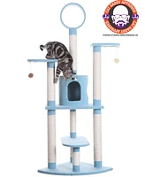 Armarkat B6605 65-Inch Classic Real Wood Cat Tree in Sky Blue with Five Levels, Perch, and Hanging Tunnel - Jackson Galaxy Approved