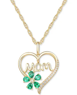 Lab-Grown Emerald (5/8 ct. t.w.) & Lab-Grown White Sapphire (1/10 ct. t.w.) Mom 18" Pendant Necklace in 10k Gold