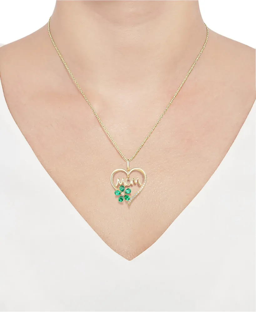 Lab-Grown Emerald (5/8 ct. t.w.) & Lab-Grown White Sapphire (1/10 ct. t.w.) Mom 18" Pendant Necklace in 10k Gold