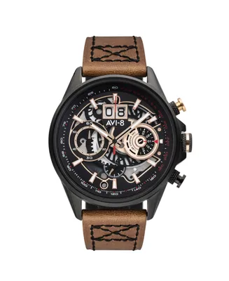 Avi-8 Men's Hawker Harrier Ii Retrograde Chronograph Matador Edition Dark Brown Genuine Leather Strap Watch 45mm