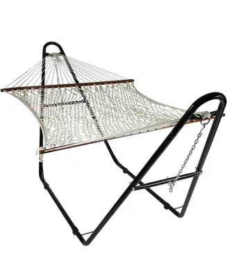 Cotton Double Wide Rope Hammock with Spreader Bars and Multi-Use Steel Stand - 450 Pound Capacity - Natural