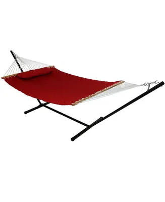 Sunnydaze Decor Quilted Fabric Double Hammock with 12-Foot Stand - 400-Pound Capacity - Black Stand - Red