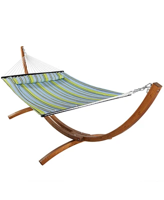 Double Quilted Fabric Hammock with -Foot Curved Arc Wood Stand