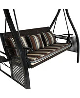 Sunnydaze Decor 3-Seat Patio Swing with Steel Frame and Canopy - 600-Pound Weight Capacity - Brown Stripe Cushions