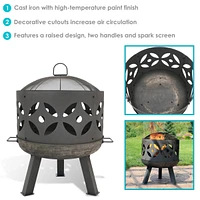 Sunnydaze Decor 26-Inch Cast Iron Retro Fire Pit Bowl with Handles and Spark Screen