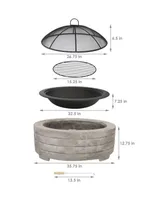 Sunnydaze Decor 35-Inch Faux Stone Fire Pit Bowl with Handles - Includes Spark Screen - Wood Burning