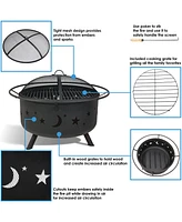 Sunnydaze Decor Cosmic 30-Inch Fire Pit with Cooking Bbq Grill Grate, Spark Screen, and Fireplace Poker - Celestial Design