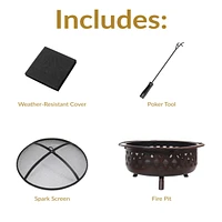 Crossweave Outdoor Fire Pit - Wood-Burning Fire Pit for Outside with Spark Screen, Poker and Round Cover - 36-Inch - Bronze