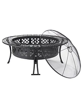 Sunnydaze Decor 40-Inch Round Steel Fire Pit Table with Durable Spark Screen and Poker - Portable Design - Black