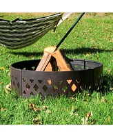 36-Inch Outdoor Fire Pit Ring with Poker - Round Heavy-Duty Steel Fire Ring for Camping or Backyard - Crossweave - 12" H