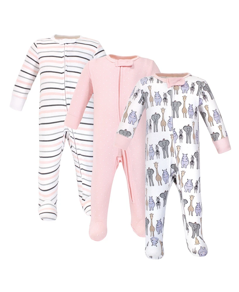 Hudson Baby Girls Cotton Zipper Sleep and Play 3pk, Pink Safari