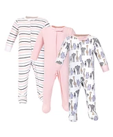 Hudson Baby Girls Cotton Zipper Sleep and Play 3pk, Pink Safari