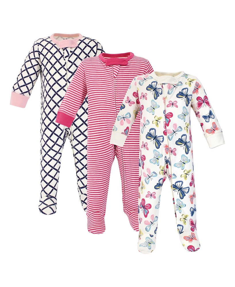 Touched by Nature Baby Girls Organic Cotton Zipper Sleep and Play 3pk, Blush Blossom, 3-6 Months