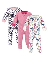 Touched by Nature Baby Girls Organic Cotton Zipper Sleep and Play 3pk, Blush Blossom, 3-6 Months