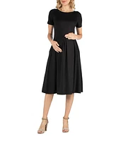 24seven Comfort Apparel Maternity Midi Dress with Short Sleeve and Pocket Detail