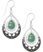 Genuine Marcasite & Simulated Turquoise Teardrop Drop Earrings in Silver-Plate