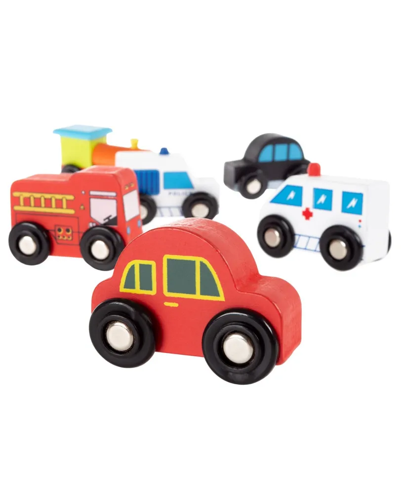Hey Play Wooden Car Playset - Mini Toy Vehicle Set With Cars, Police And Fire Trucks, Train-Pretend Play Fun For Preschool Boys And Girls, 6 Pieces