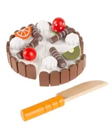 Hey Play Birthday Cake - Kids Wooden Magnetic Dessert With Cutting Knife, Fruit Toppings, Chocolate And Vanilla Swirls-Fun Pretend Play Party Food