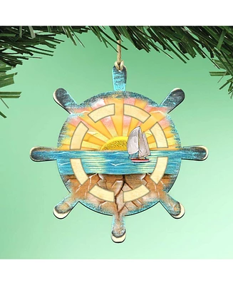 Designocracy Captains Wheel Wooden Ornaments Set of 2