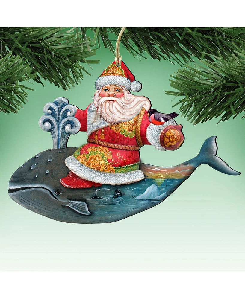 Designocracy Whale Coastal Santa Wooden Christmas Ornament Set of 2