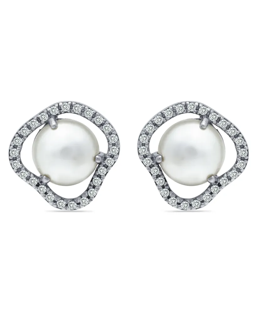 Imitation Pearl Cubic Zirconia Halo Button Earring in Silver Plate
