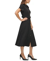 Calvin Klein Puff-Sleeve Belted Midi Dress