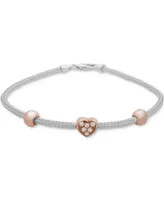 Cubic Zirconia Heart & Bead Mesh Link Bracelet in Sterling Silver & Rose Gold-Plate