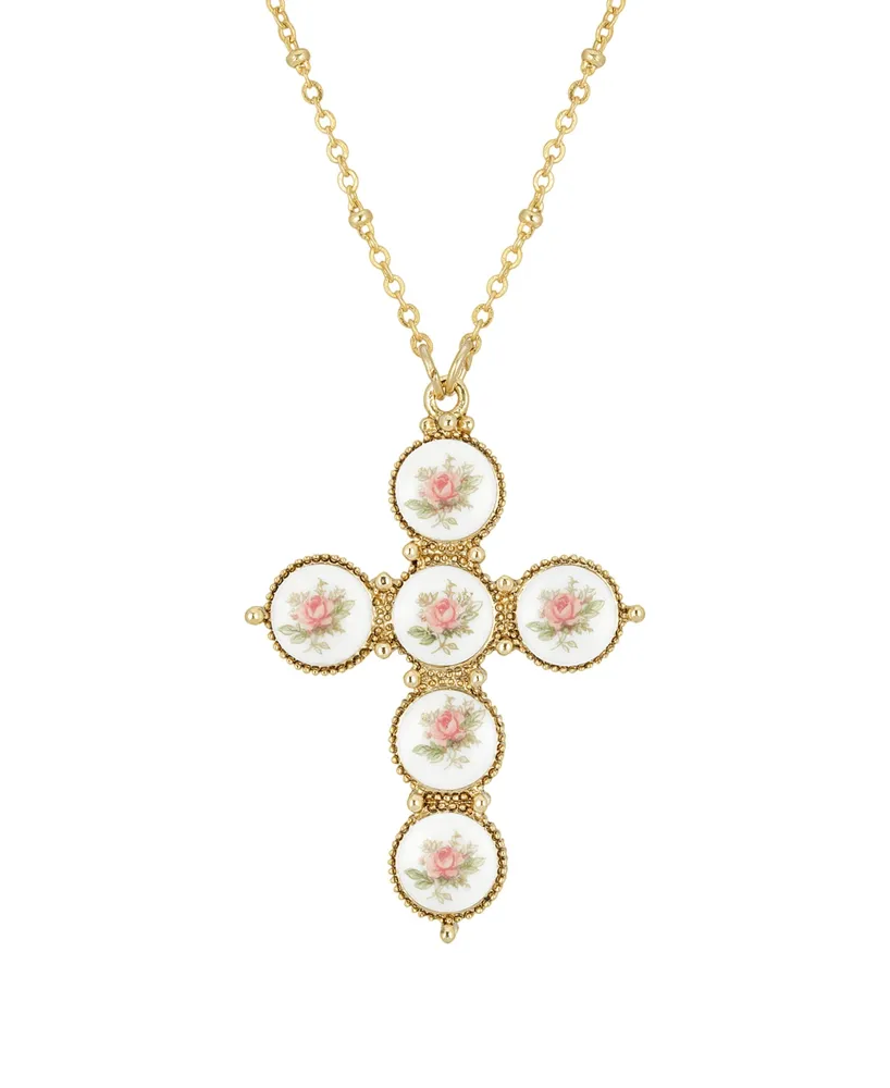 2028 Gold-Tone Pink Flower Decal Cross 30" Necklace