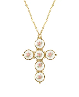 2028 Gold-Tone Pink Flower Decal Cross 30" Necklace