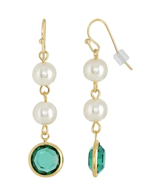 2028 Gold-Tone Imitation Pearl with Dark Green Channels Drop Earring