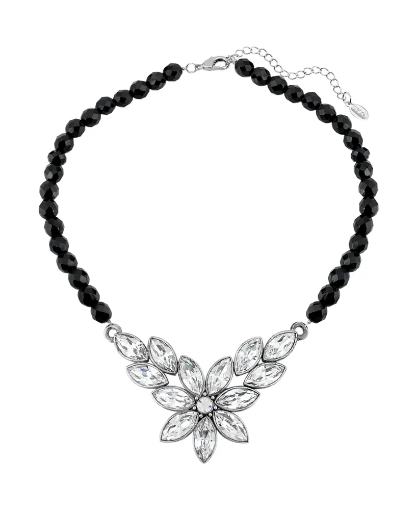 2028 Silver-Tone Diamond Shaped Crystal Flower Black Beaded 15" Adjustable Necklace