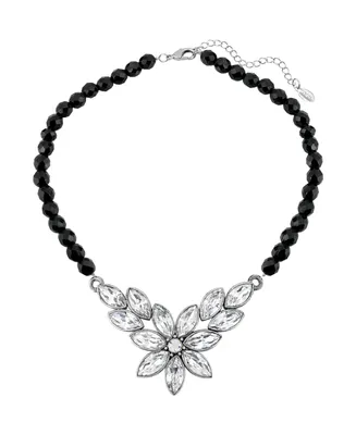 2028 Silver-Tone Diamond Shaped Crystal Flower Black Beaded 15" Adjustable Necklace