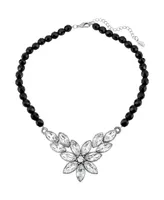 2028 Silver-Tone Diamond Shaped Crystal Flower Black Beaded 15" Adjustable Necklace