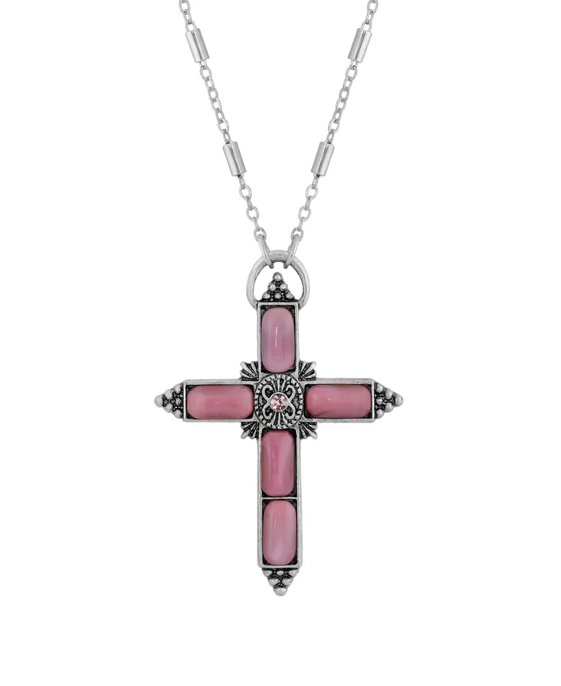 Symbols of Faith Silver-Tone Moonstone Crystal Cross 20" Necklace