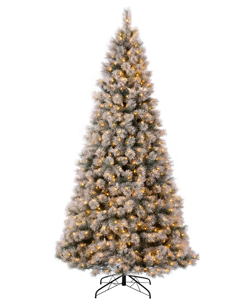 Glitzhome 9' Pre-Lit Snow Flocked Artificial Spruce Christmas Tree with 900 Warm Lights, with Storage Bag
