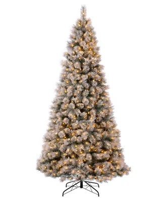 Glitzhome 9' Pre-Lit Snow Flocked Artificial Spruce Christmas Tree with 900 Warm Lights, with Storage Bag