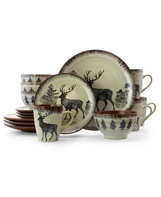 Elama Majestic Elk 16 Piece Luxurious Stoneware Dinnerware Set